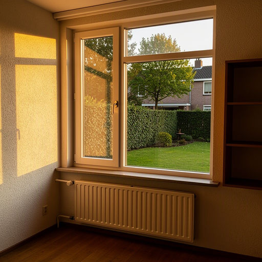 Interieur jaren-70 woning in Beuningen met uitzicht door kunststof kozijnen naar de tuin