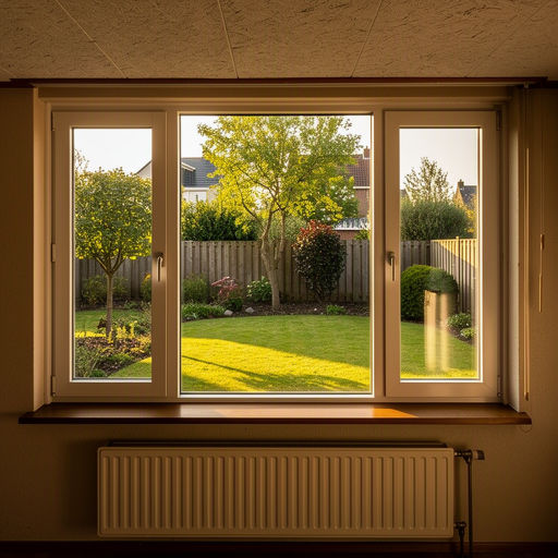 Interieur jaren-70 woning in Tiel met uitzicht door kunststof kozijnen naar de tuin