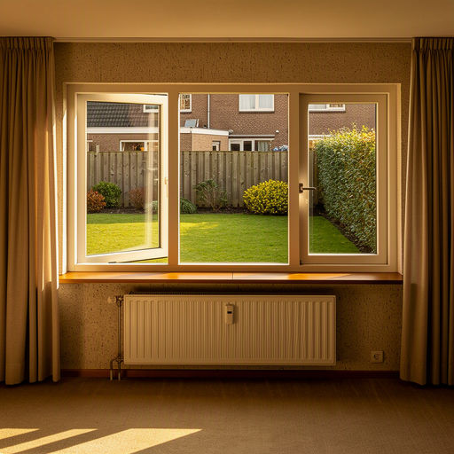 Interieur jaren-70 woning in Gennep met uitzicht door kunststof kozijnen naar de tuin