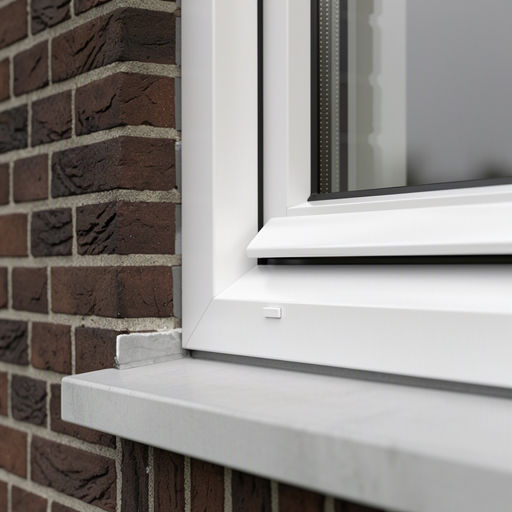 Detail wit kunststof kozijnprofiel op bruine bakstenen gevel in Beuningen