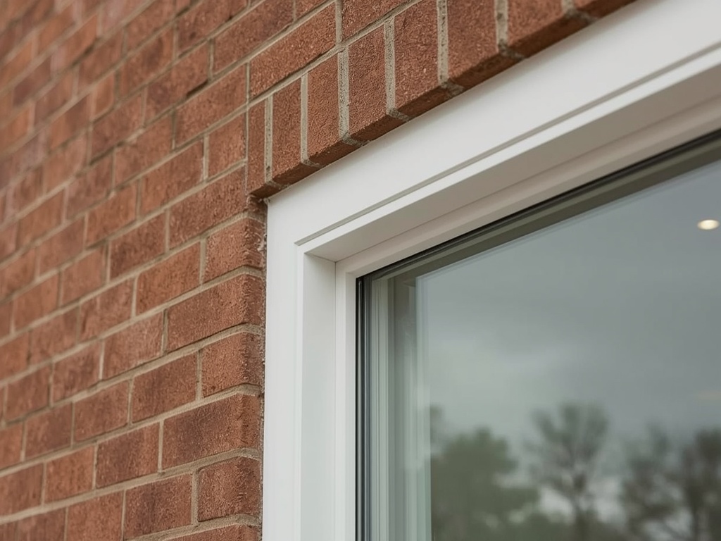Detail van een wit kunststof kozijnprofiel in een bruine bakstenen gevel in Wijchen